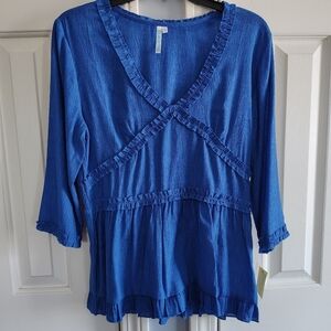 BEACHTIME Women's Blue Ruffle Top Swim Coverup S